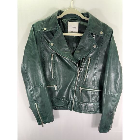 Mango Jackets & Blazers - Mango Moto Genuine Leather Green Jacket Size Medium EUC